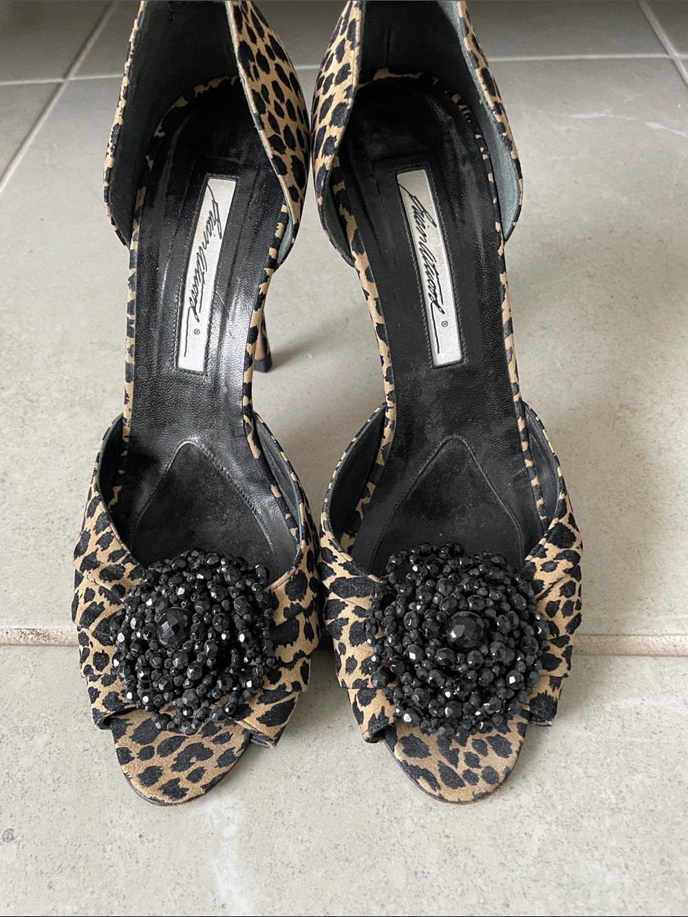 Brian Atwood designer Leopard Print Peep-Toe Heels with Black Beaded Accent